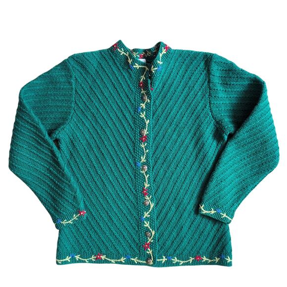 Vintage Deans of Scotland Wool Sweater Medium Green Floral Cardigan Cottagecore - Picture 1 of 6